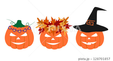 Pumpkins in Hearts and Autumn leaves Wreath and in Witch Hat Cute Autumn Holidays Characters Set 128701857