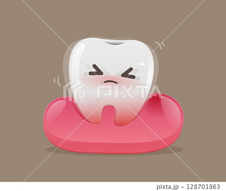 A cartoon of a wobbly and weak tooth in the gum. 128701863