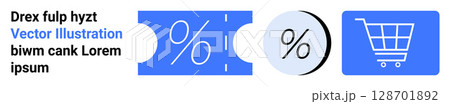 Ticket with percent symbol, circle with percent sign, and shopping cart icon represent sales, discounts, purchases. Ideal for e-commerce, online stores, promotions, marketing campaigns, sales 128701892