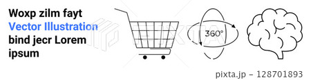 Black and white icons include a shopping cart, a 360-degree rotation symbol, and a brain. Text in blue and black contrasts with the minimal design. Ideal for e-commerce, innovation, or tech themes 128701893
