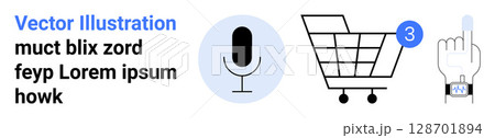 Microphone, shopping cart with notification, and smartwatch. Ideal for tech, e-commerce, smart devices, digital communication, online shopping, notifications, user interface themes. Landing page 128701894