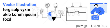 Business elements include chart, wallet, briefcase, and house icon with a person displaying a Cash Back banner. Ideal for financial services, real estate, business strategy, e-commerce, fintech 128701895
