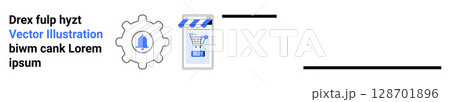 Gear with notification bell icon, online shopping cart on a mobile screen, and placeholder text. Ideal for e-commerce, technology, notifications, digital marketing, online shopping, mobile apps, UI 128701896