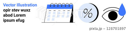 Calendar with spiral binding, percentage symbol in a circle, eye icon with a blue drop. Ideal for scheduling, health, analytics, reminders, visual aids, education, time management. Landing page 128701897