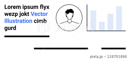 Headshot of person, placeholder text, and bar graph. Ideal for business profiles, presentations, CVs, report covers, infographics, social media banners, corporate websites, and landing page 128701898