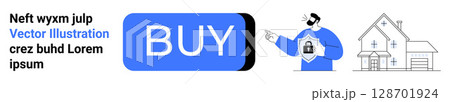 Large blue BUY button, man with shield icon, and house illustration. Ideal for e-commerce, security, online shopping, real estate, digital transactions, website design, user interfaces. Landing page Large blue BUY button, man with shield icon, and house illustration. Ideal for e-commerce, security, online shopping, real estate, digital transactions, website design, user interfaces. Landing page 128701924