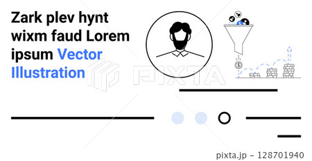Funnel with icons representing data filtering, user profile in circle, and placeholder text. Ideal for data analysis, data processing, marketing strategies, user management, SEO, business solutions 128701940