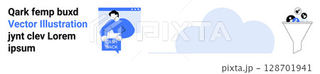 Man holding a clipboard with Cash Back, a cloud image, and conversion funnel with icons. Ideal for online marketing, cloud services, web design, sales strategy, financial services, advertising 128701941