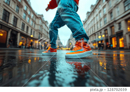 Stylish Sneakers On A Reflective Street 128702039