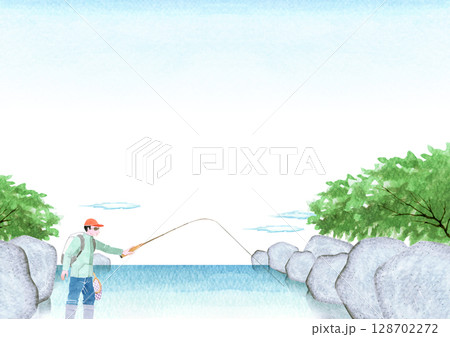 渓流釣り 川釣り 魚釣り 釣り人 背景 水彩 イラストのイラスト素材