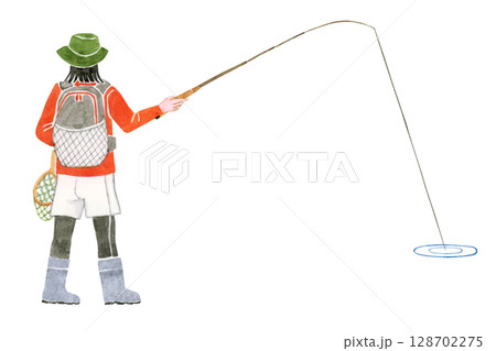 渓流釣り 川釣り 魚釣り 人物　水彩 イラスト 128702275