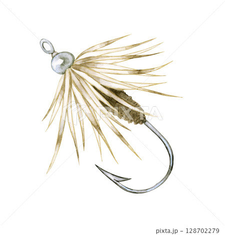 渓流釣り 川釣り 魚釣り 毛鉤　水彩 イラスト 128702279