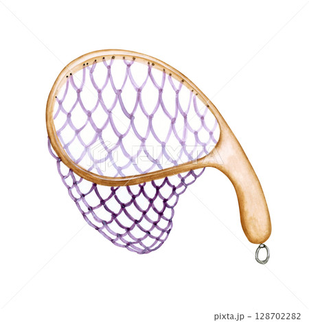 渓流釣り 川釣り 魚釣り ランディングネット　水彩 イラスト 128702282