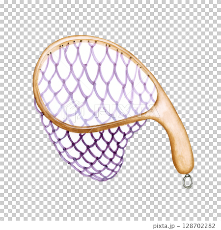 渓流釣り 川釣り 魚釣り ランディングネット　水彩 イラスト 128702282