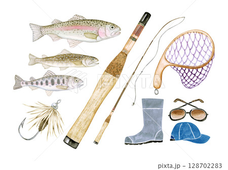 渓流釣り 川釣り 魚釣り セット 水彩 イラスト 渓流釣り 川釣り 魚釣り セット 水彩 イラスト 128702283