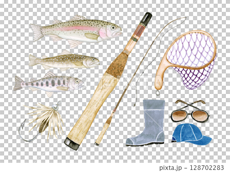 Stream fishing, river fishing, fishing set, watercolor illustration Stream fishing, river fishing, fishing set, watercolor illustration 128702283