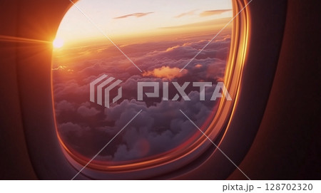 Plane window capturing breathtaking orange beauty view sunset from journey 128702320