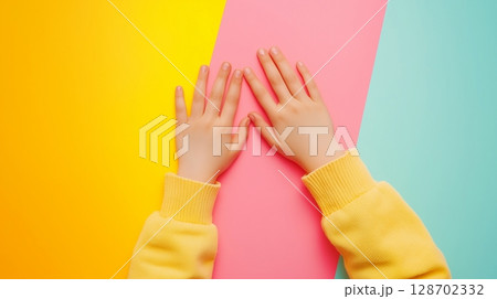Kid hands wearing yellow long shirt with yellow, pink, blue background, top of view 128702332