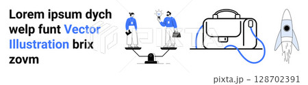 Business-themed elements including two individuals balancing ideas, a briefcase, and a rocket launch. Ideal for corporate, startup, teamwork, innovation, leadership, business planning, marketing Business-themed elements including two individuals balancing ideas, a briefcase, and a rocket launch. Ideal for corporate, startup, teamwork, innovation, leadership, business planning, marketing 128702391