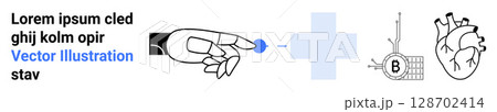 Hand pointing at dot, medical cross, blood test chart, heart illustration. Ideal for medical websites, educational materials, healthcare apps, scientific research, diagnostics tools, medical blogs 128702414