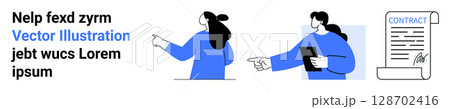Two professionals pointing and holding a tablet, indicating discussion about a document labeled contract. Ideal for business, teamwork, negotiation, collaboration, digital management, legal Two professionals pointing and holding a tablet, indicating discussion about a document labeled contract. Ideal for business, teamwork, negotiation, collaboration, digital management, legal 128702416