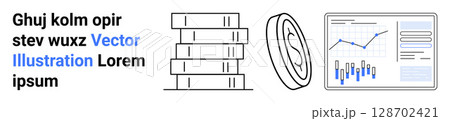 Text block, stack of books or documents, coin, and analytics board with graphs and charts. Ideal for finance, education, data analysis, business strategy, investment planning, economic growth 128702421