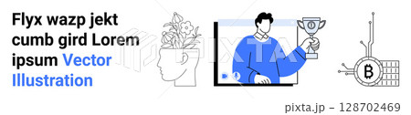 Person with trophy in blue outfit, head with flowers, Bitcoin diagram. Ideal for tech, finance, mental health, achievement, innovation, education, digital transformation themes. Landing page 128702469