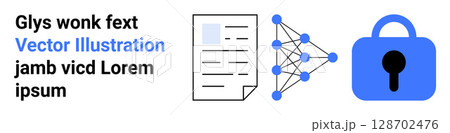 Text, document, network nodes, and blue padlock representing data protection. Ideal for cybersecurity, data storage, digital communication, privacy policies, network security, secure file sharing 128702476