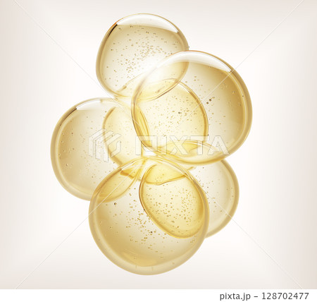 3d gold drops texture with bubbles inside. Olive or argan oil, omega vitamin circle balls. Liquid honey, clear serum, collagen gel, hyaluronic essence. Cosmetic, fuel or yellow water. 3D illustration 128702477