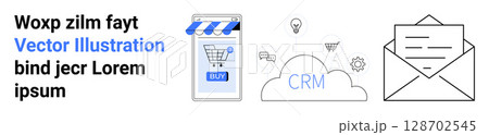 Smartphone with online store, cloud with CRM text, envelope icon for email. Ideal for e-commerce, digital marketing, customer relationship management, technology, mobile apps, online business Smartphone with online store, cloud with CRM text, envelope icon for email. Ideal for e-commerce, digital marketing, customer relationship management, technology, mobile apps, online business 128702545