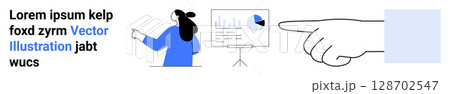Businesswoman presenting data on a flip chart with pie and bar graphs, large hand gesturing toward the chart, and placeholder text. Ideal for presentations, business training, education, informative Businesswoman presenting data on a flip chart with pie and bar graphs, large hand gesturing toward the chart, and placeholder text. Ideal for presentations, business training, education, informative 128702547