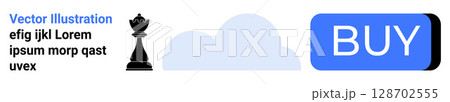 Chess piece, text, clouds, and a blue BUY button. Ideal for digital marketing, e-commerce, strategic planning, online advertisements, learning, minimalistic design, and call-to-action. Landing page 128702555