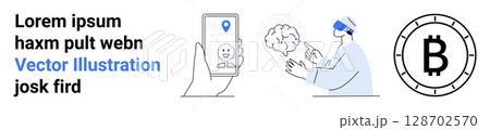 Text placeholder, hand holding phone with GPS icon, AI brain concept, person with VR headset, Bitcoin symbol. Ideal for AI, virtual reality, digital identity, GPS tracking, cryptocurrency, fintech 128702570
