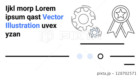 Gears, award ribbon, black and blue mock text, minimalistic lines and shapes. Ideal for corporate design, achievement representation, technology themes, user interface design, landing page content 128702571