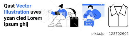 Woman on couch with laptop, person showing cash back card, and shirt icon. Ideal for e-commerce, finance, remote work, shopping, customer retention, online education, personal blogs. Landing page Woman on couch with laptop, person showing cash back card, and shirt icon. Ideal for e-commerce, finance, remote work, shopping, customer retention, online education, personal blogs. Landing page 128702602