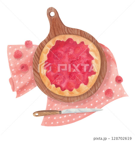 Raspberry pie on wooden board with pink polka dot napkin. Hand-drawn watercolor illustration. Raspberry pie on wooden board with pink polka dot napkin. Hand-drawn watercolor illustration. 128702619