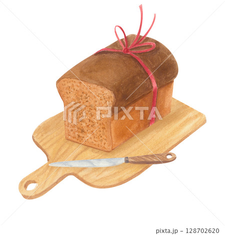 Watercolor loaf of rye bread on cutting board with knife, illustration isolated on white background. Watercolor loaf of rye bread on cutting board with knife, illustration isolated on white background. 128702620