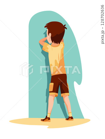 Kid playing hide and seek. Playing game outdoor in summer vacations. Boy having fun outdoors, summer playtime. Vector cartoon illustration Kid playing hide and seek. Playing game outdoor in summer vacations. Boy having fun outdoors, summer playtime. Vector cartoon illustration 128702636