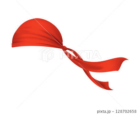 Red realistic bandana on head. Youth fashion head or cowboy garment element template. Biker face scarf, bandanna neck shawl. Blank handkerchief unisex uniform. Western clothes Red realistic bandana on head. Youth fashion head or cowboy garment element template. Biker face scarf, bandanna neck shawl. Blank handkerchief unisex uniform. Western clothes 128702658