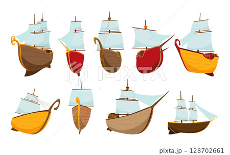 Collection of yachts, sailboats or sailing ships. Cruise travel company icons design. Stylized cartoon pirate ship. Vector old vessels Collection of yachts, sailboats or sailing ships. Cruise travel company icons design. Stylized cartoon pirate ship. Vector old vessels 128702661
