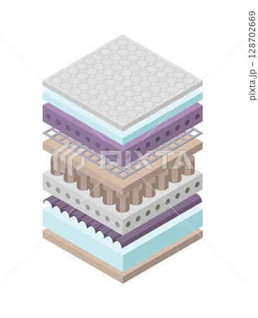 Layered orthopedic mattress icon. Isometric bed section layers. Fabric breathable material, structure for correct sleeping position. Soft filler, comfort synthetic fiber Layered orthopedic mattress icon. Isometric bed section layers. Fabric breathable material, structure for correct sleeping position. Soft filler, comfort synthetic fiber 128702669