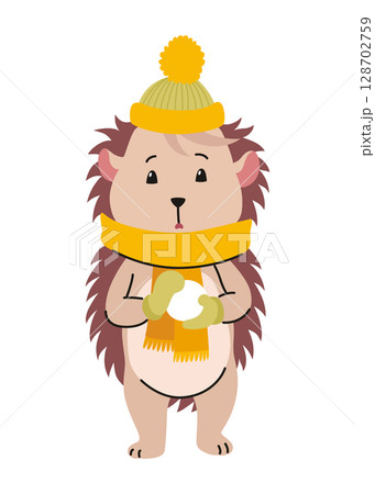 Lovely hedgehog with hat and snowball. Cute funny wild forest animal. Prickly cartoon character. Vector isolated illustration Lovely hedgehog with hat and snowball. Cute funny wild forest animal. Prickly cartoon character. Vector isolated illustration 128702759