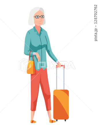 Elderly people hobby. Healthy and active lifestyle. Old or senior people spending leisure time. Grandmother are traveling. Flat vector illustration isolated on white background Elderly people hobby. Healthy and active lifestyle. Old or senior people spending leisure time. Grandmother are traveling. Flat vector illustration isolated on white background 128702762