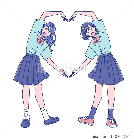 ハートのポーズをする2人の女子生徒のイラスト素材 [128702764] - PIXTA