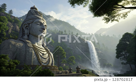 Majestic statue of a deity surrounded by lush greenery and cascading waterfalls at dawn 128702817
