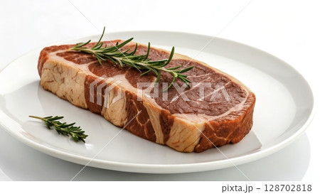 Freshly cut ribeye steak with herbs ready for cooking or grilling in a pristine kitchen setting 128702818