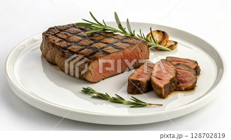 Grilled steak served with rosemary and charred garlic on a white plate at a dining setting 128702819