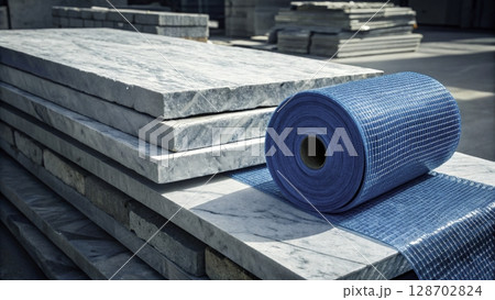 Construction materials are organized at a building site with marble slabs and protective rolls during a sunny day Construction materials are organized at a building site with marble slabs and protective rolls during a sunny day 128702824