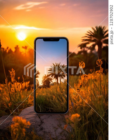 A smartphone with sunrise from behind, palm trees and wildflowers. AI Generated. 128702902