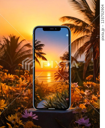 A smartphone with sunrise from behind, palm trees and wildflowers. AI Generated. 128702904